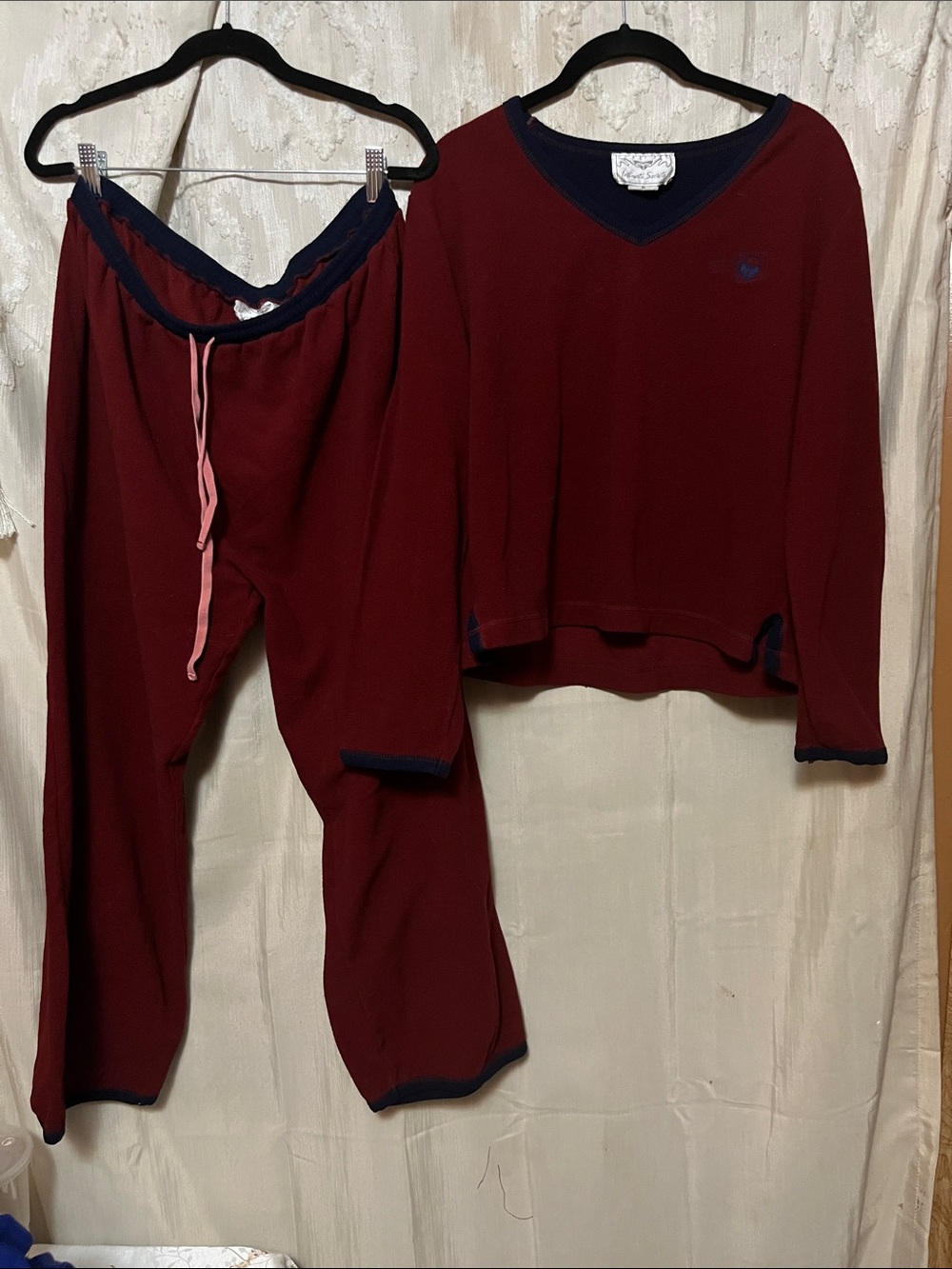 Cozy Women's Maroon Pajama Set with Navy Trim - Classic Two-Piece Sleepwear